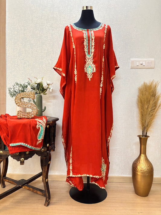 Rust Crape Front Back Kashmiri Kaftan Set