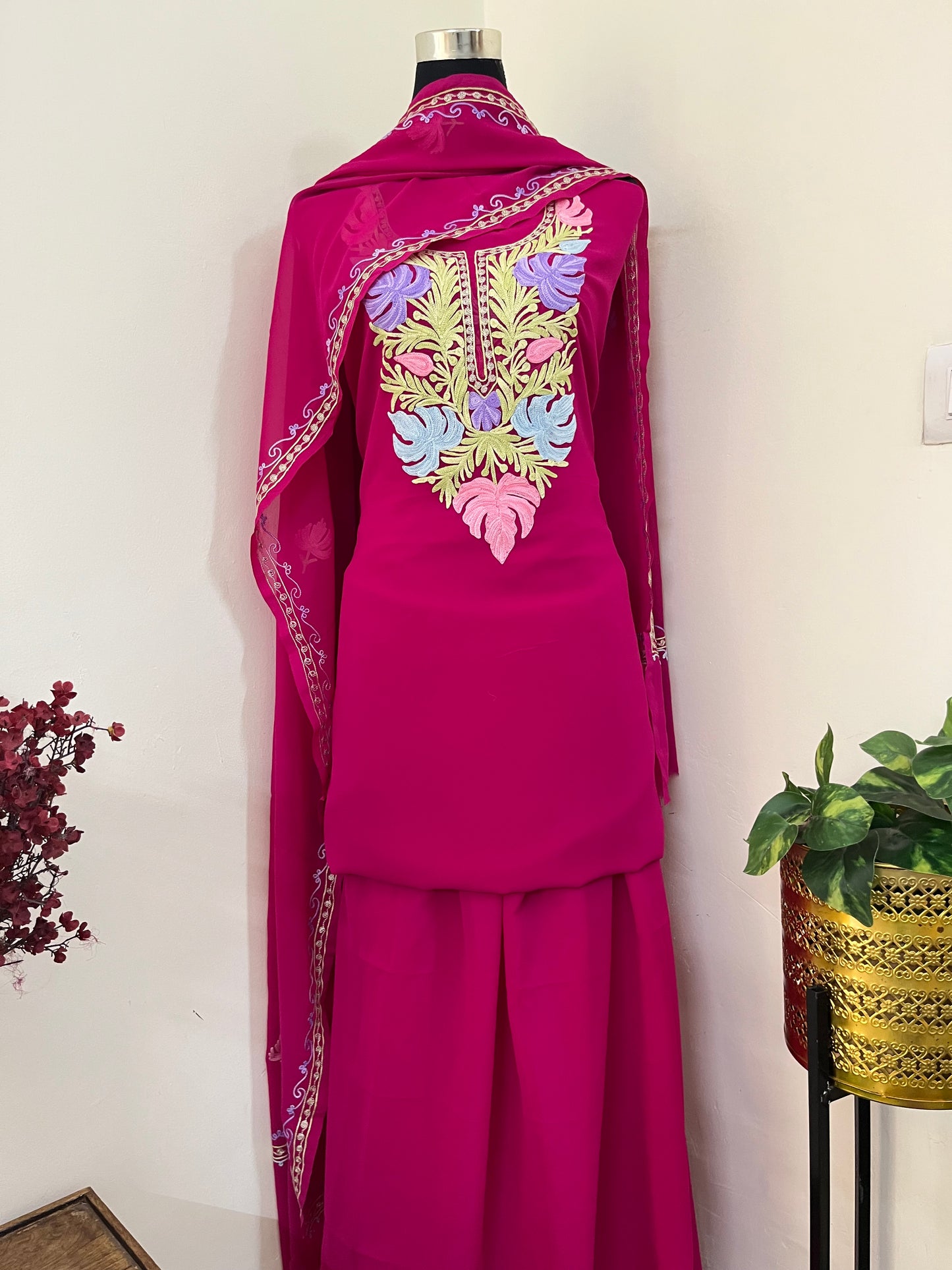 Hot Pink Georgette 3 Pc Aari Embroidered Suit Set