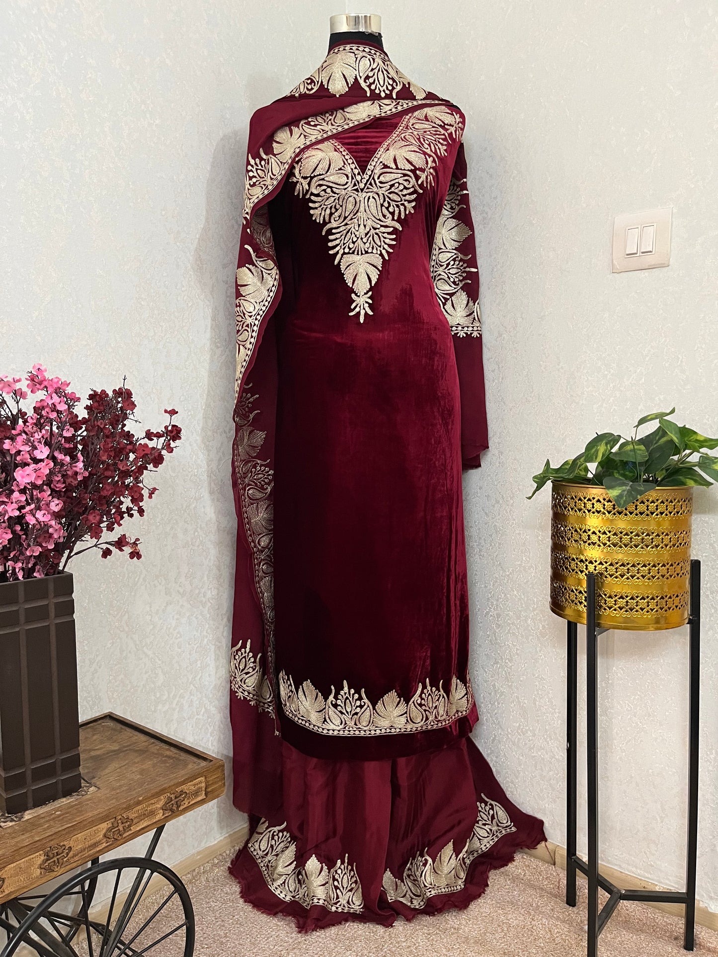Maroon Tilla Makhmal 3pc Suit