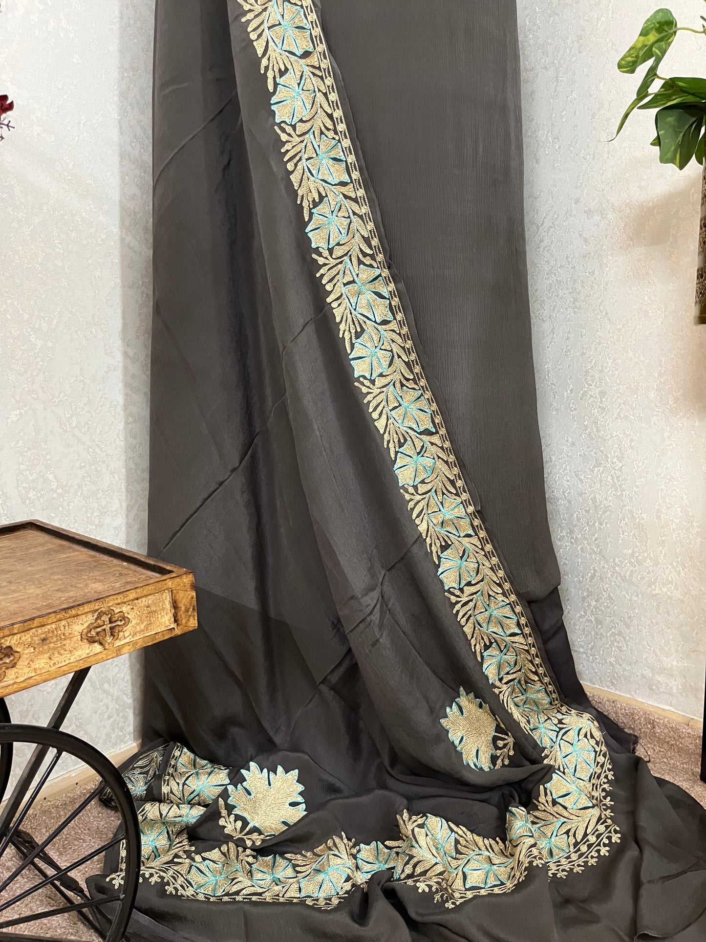 Grey Chinon 3 Pc Aari Embroidered Suit