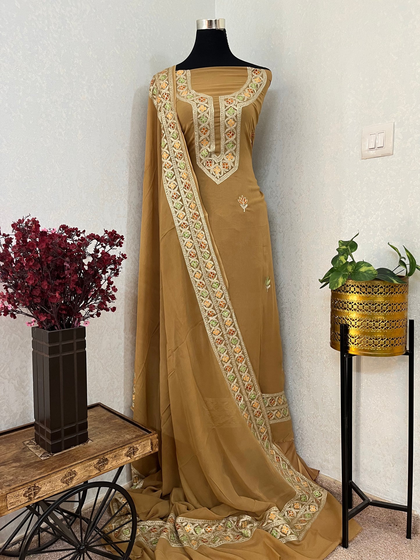 Golden Pure Georgette 3Pc Kashmiri Embroidered Suit
