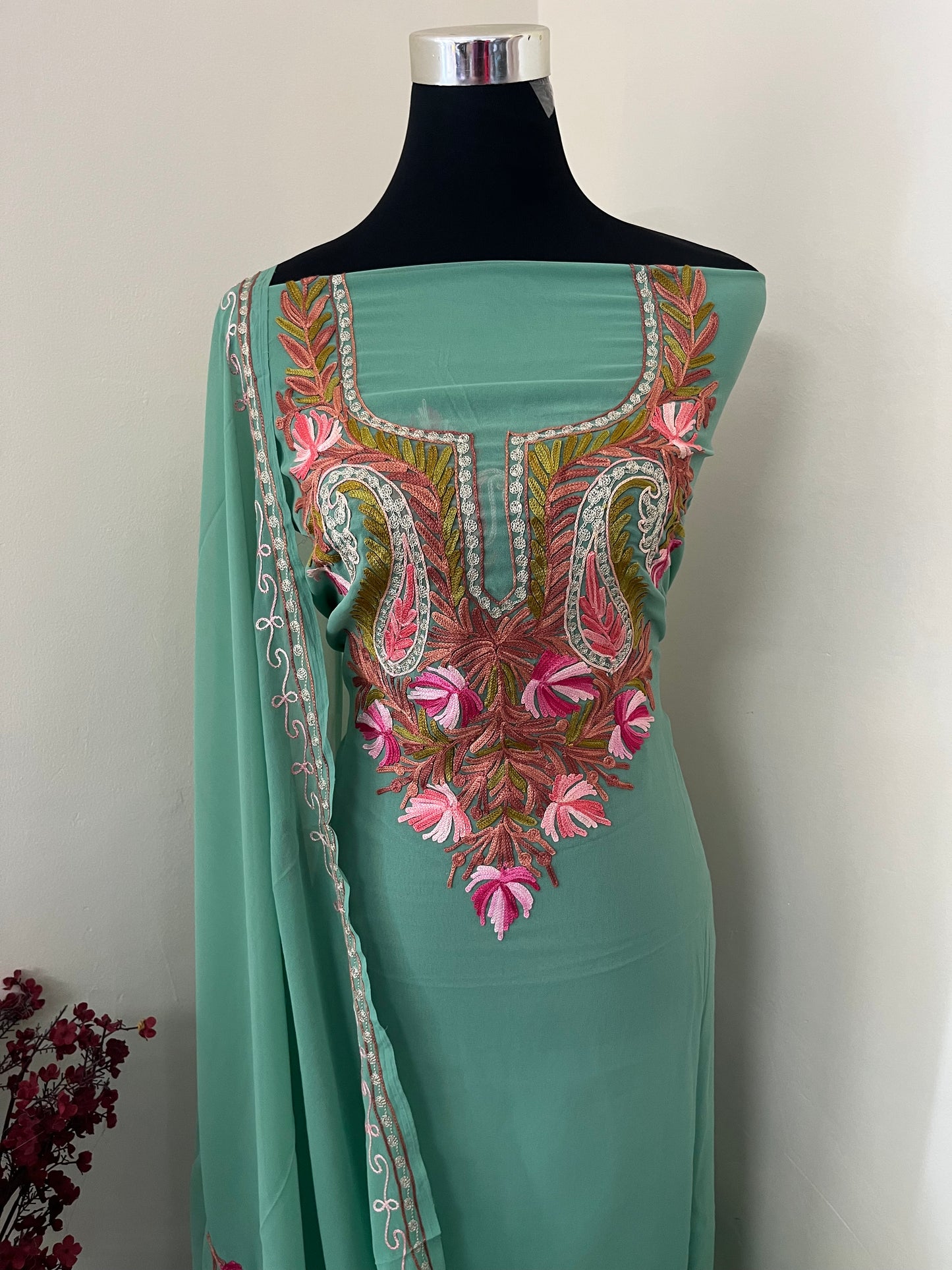 Tea Green Georgette Shirt and Dupatta Aari Embroidered Suit