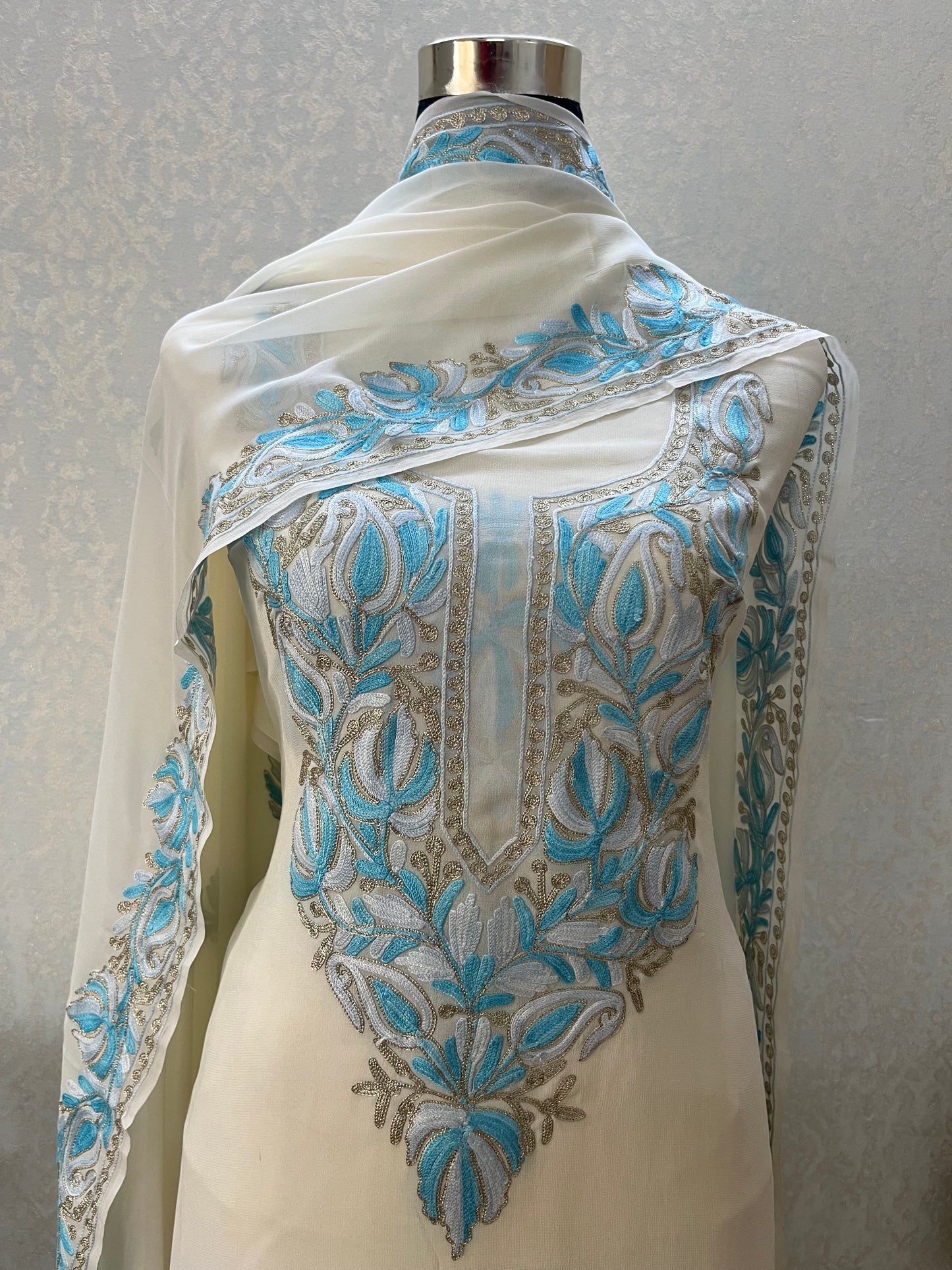 Off White Pure Georgette Kashmiri Suit