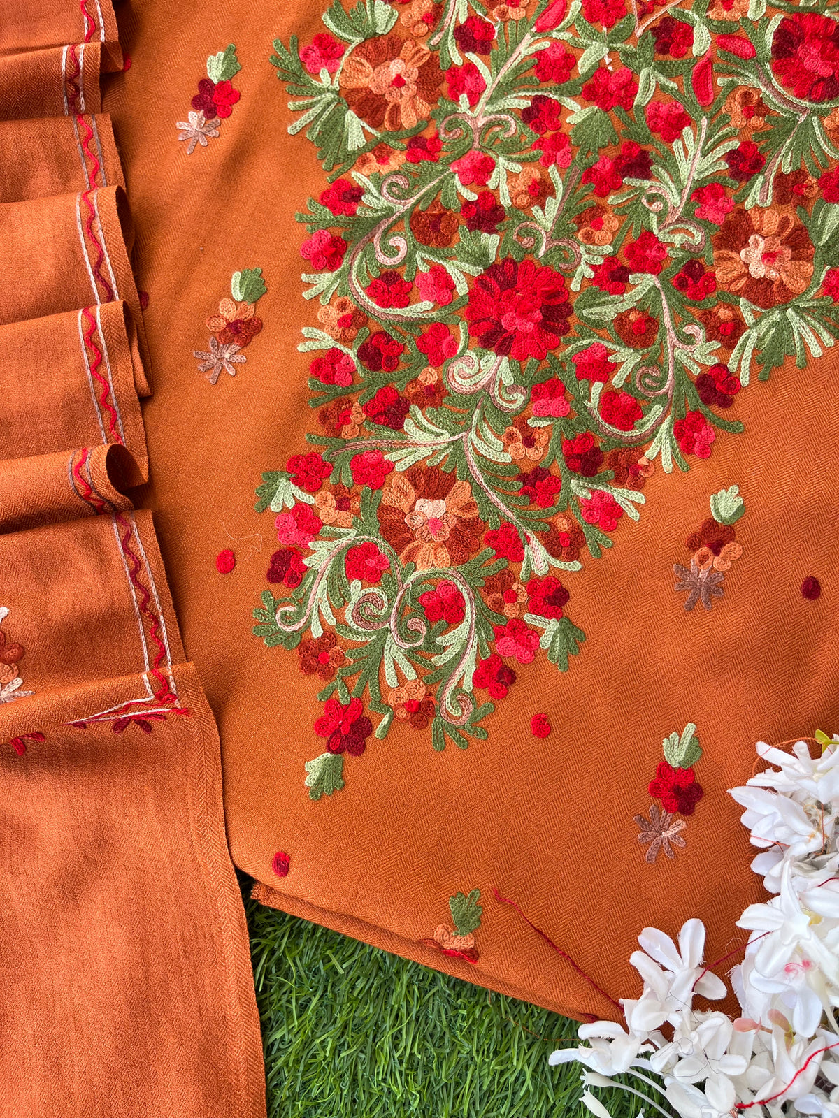 Orange Woollen Aari Embroidered 3pc suit