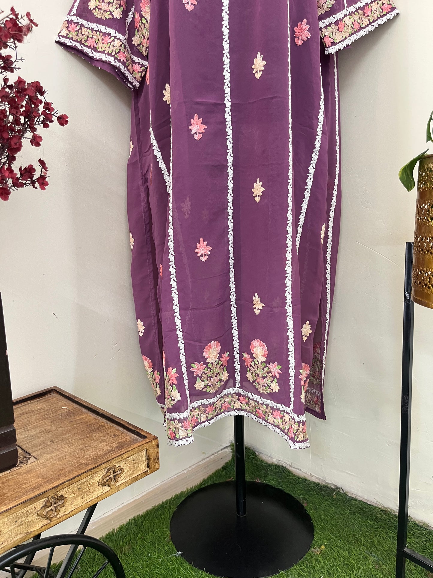 Lilac Georgette All over Work Aari Embroidered Unstitched Kurta