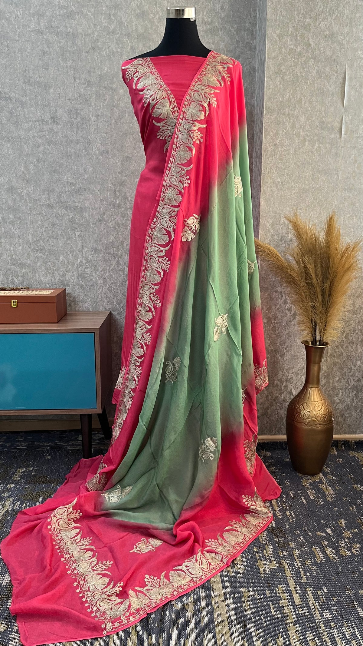 Carrot Pink Sanam Silk Kashmiri Suit