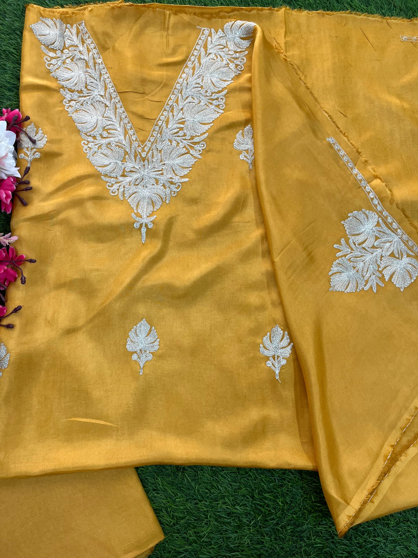 Golden Yellow Silk Tilla Kashmiri Suit