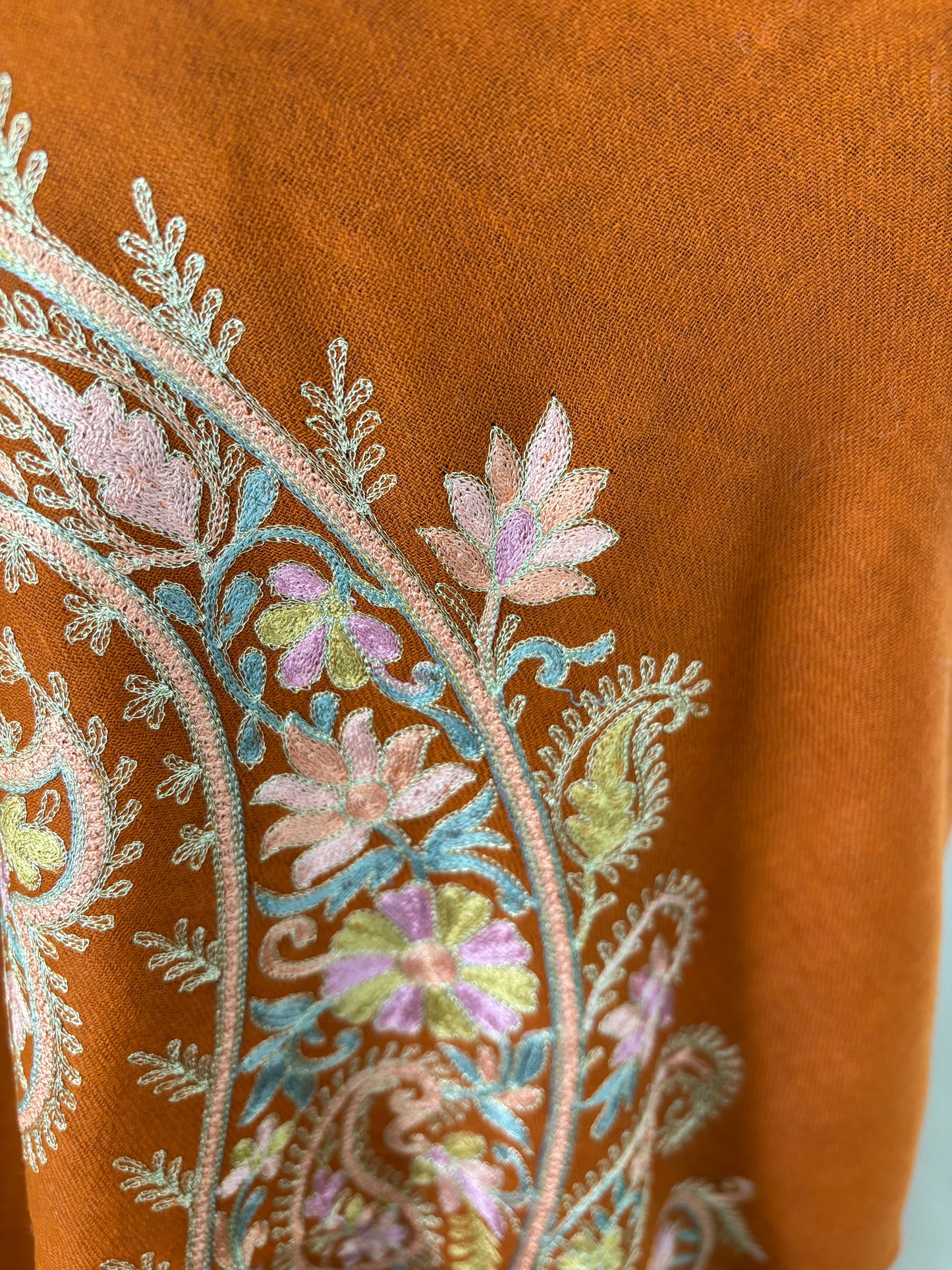 Orange Silk Thread Ambi Aangan Embroidered Fine Semi Pashmina stole