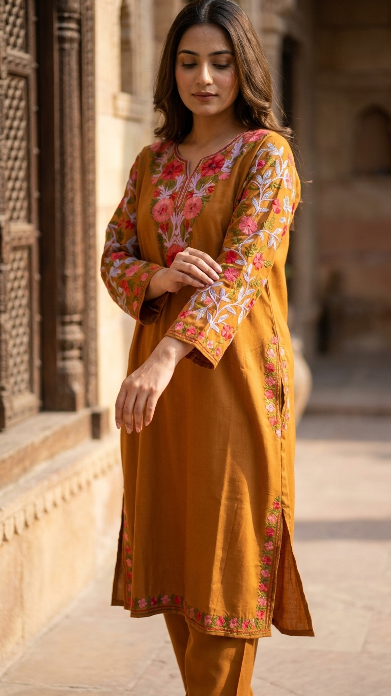 Mustard Brown Cotton Arm Jaal Pheran Set