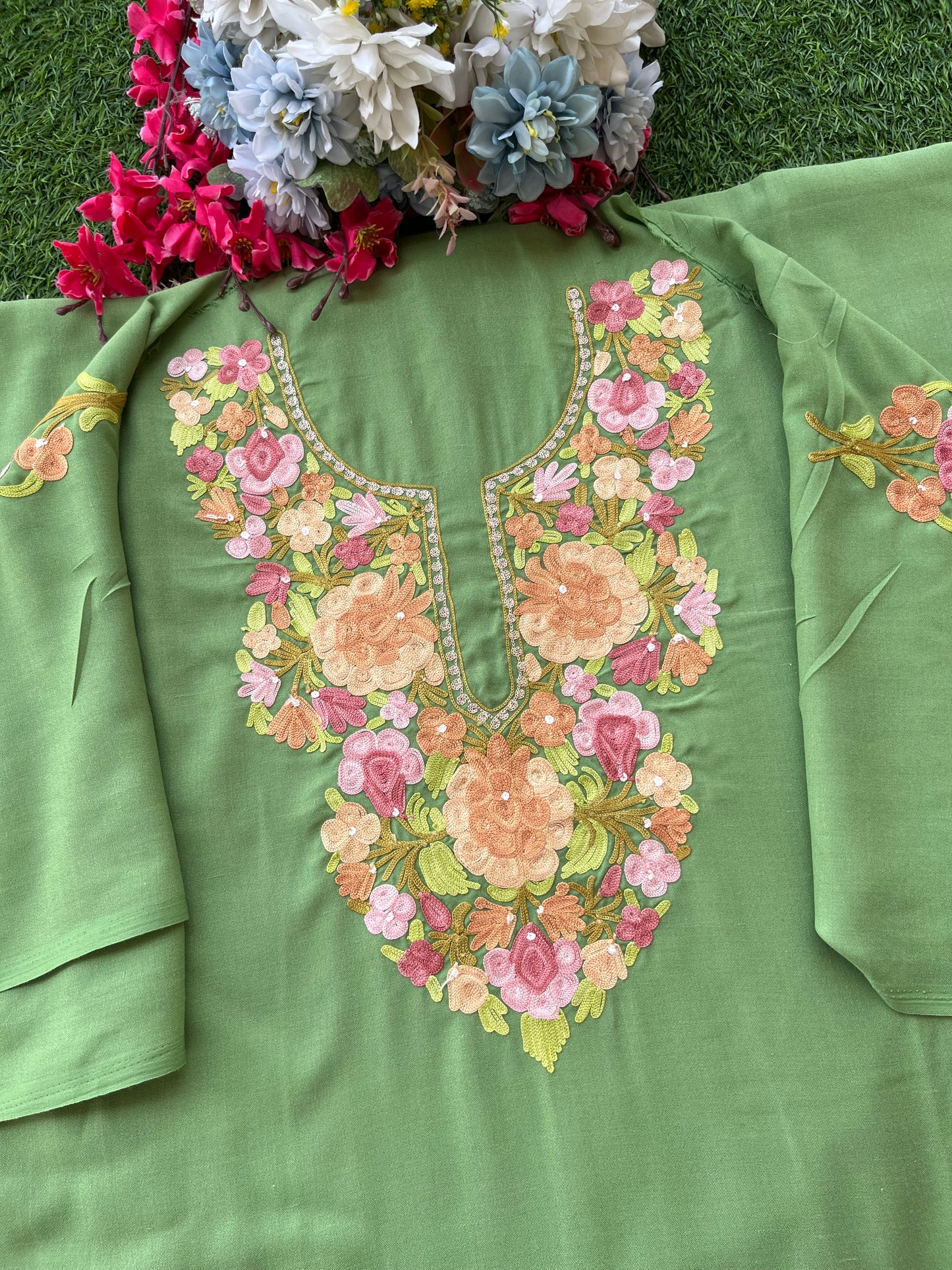 Pastel Green Aari Embroidered Cotton Suit Set