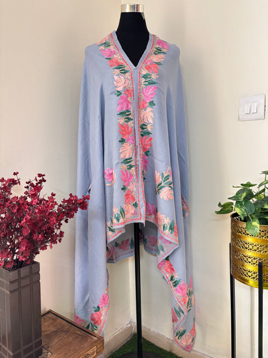 Ice Blue Aari Embroidered Pure Wool Cape