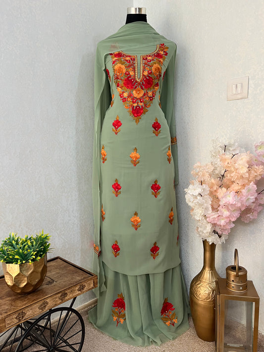 Jade Green Georgette 3Pc Kashmiri Suit
