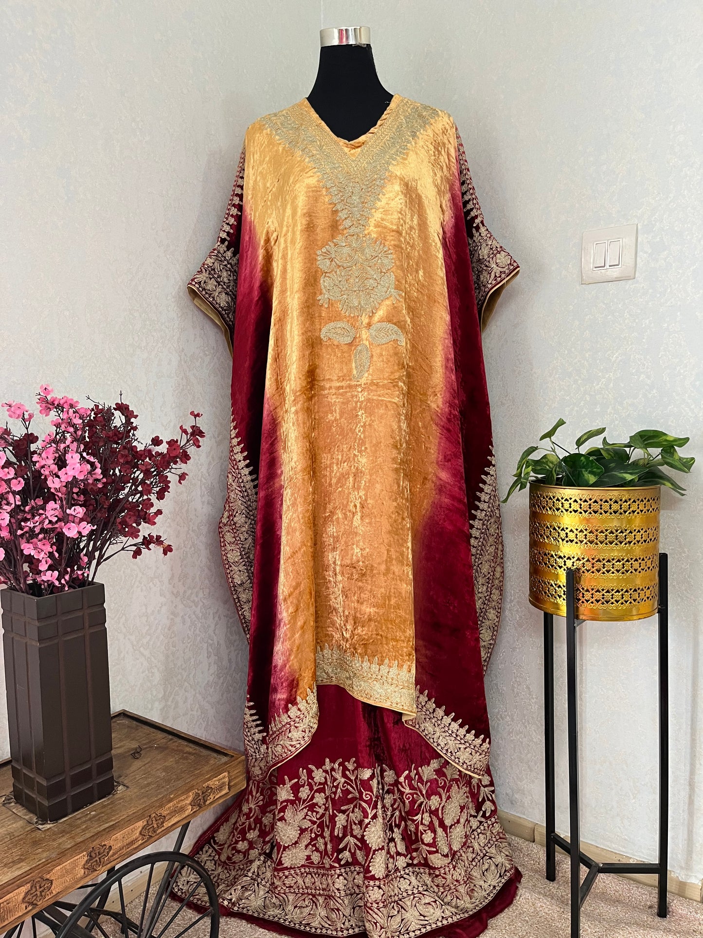Gold Tilla Embroidered Pure Makhmal Kashmiri Kaftan Set