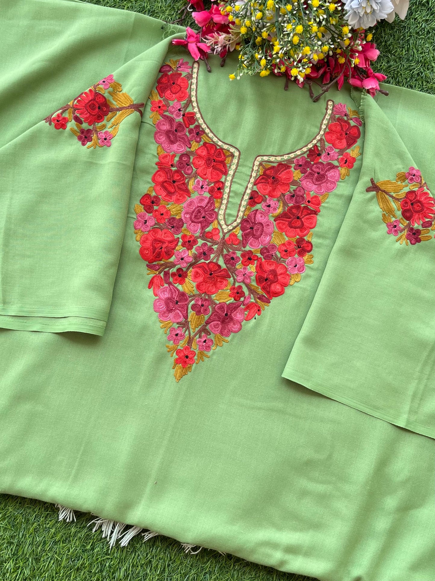 Pastel Green Aari Embroidered Cotton Suit Set
