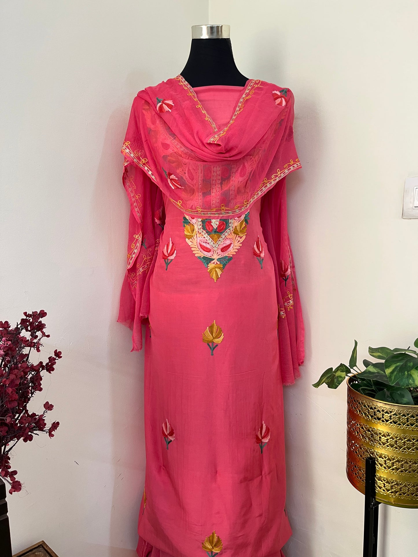 Candy Pink Muslin Cotton Aari Embroidered 3pc set