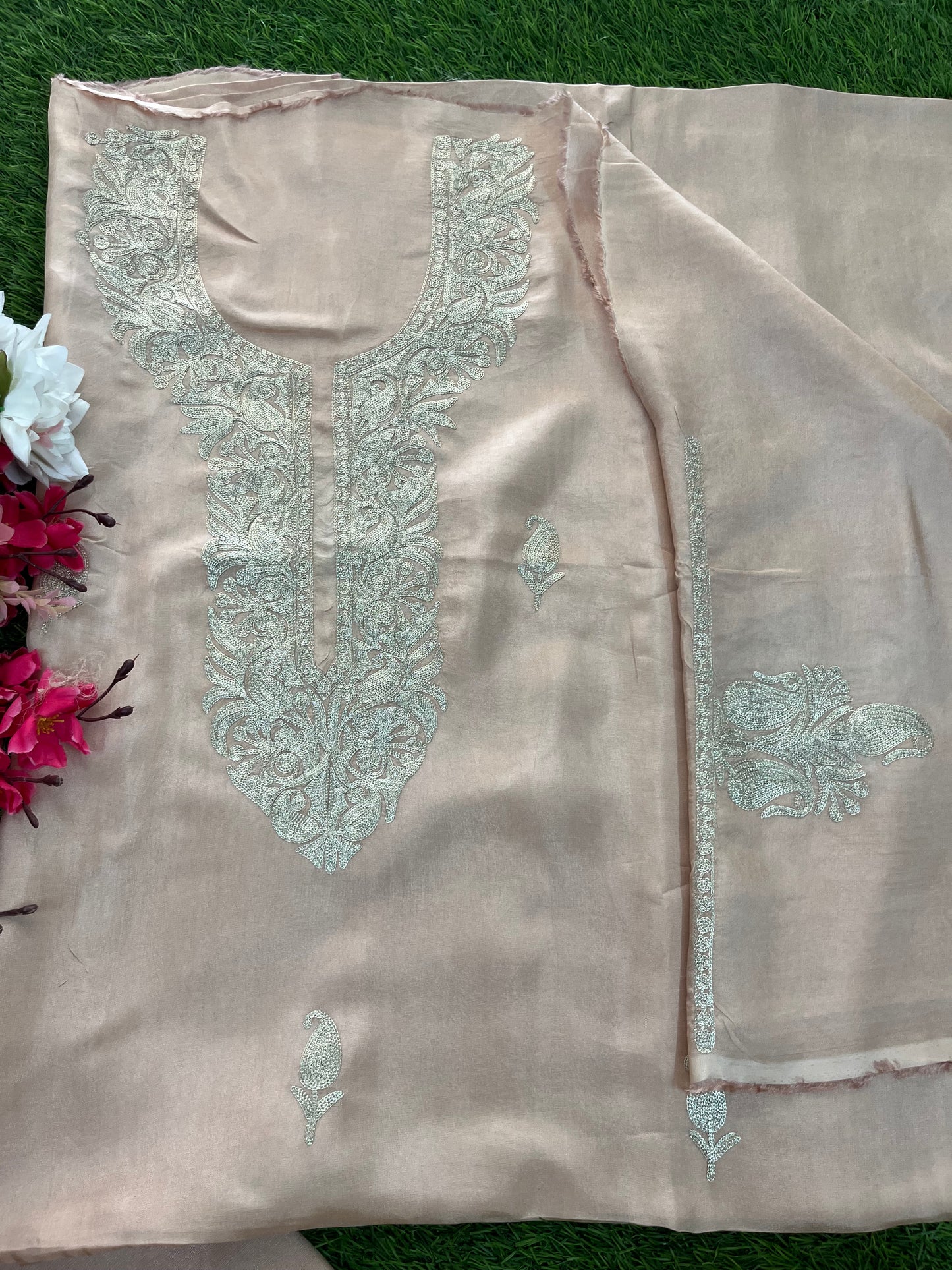 Peach Pink Sanam’ Silk Tilla Kashmiri Suit