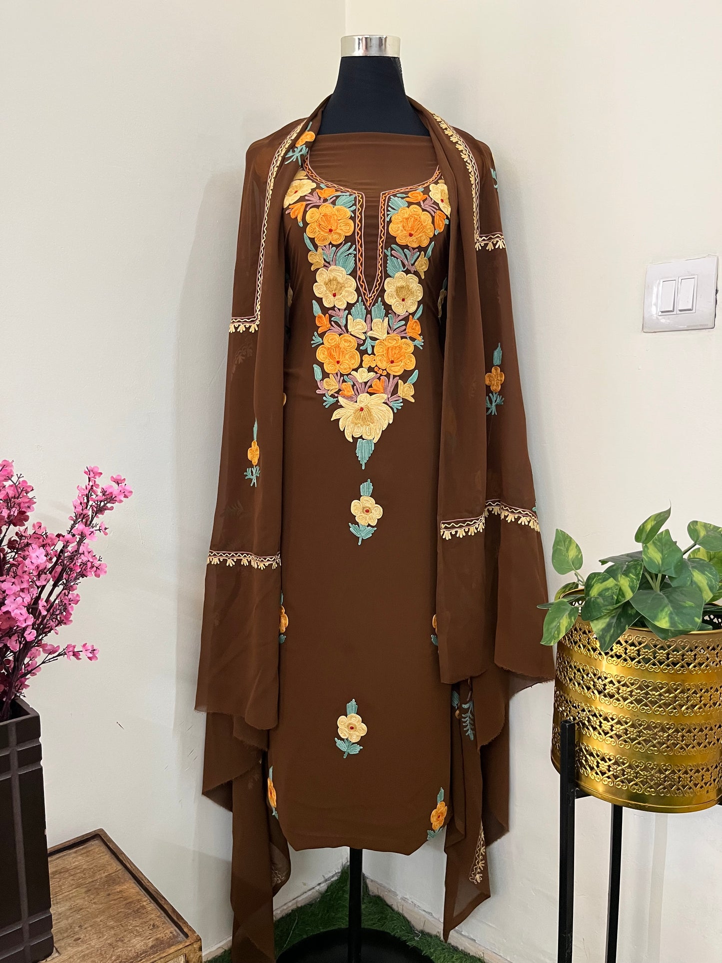 Coffee Georgette  3 Pc Aari Embroidered Suit