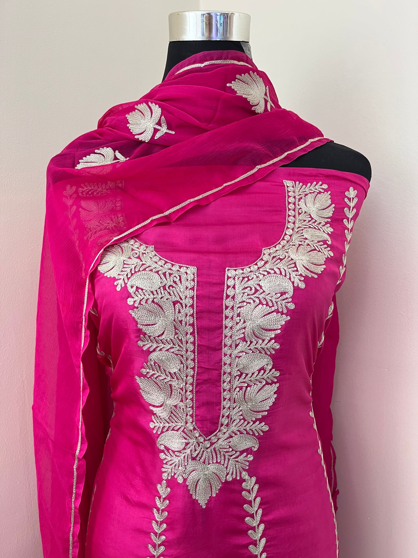 Sanam’ Hot Pink Silk Tilla Embroidered Suit material