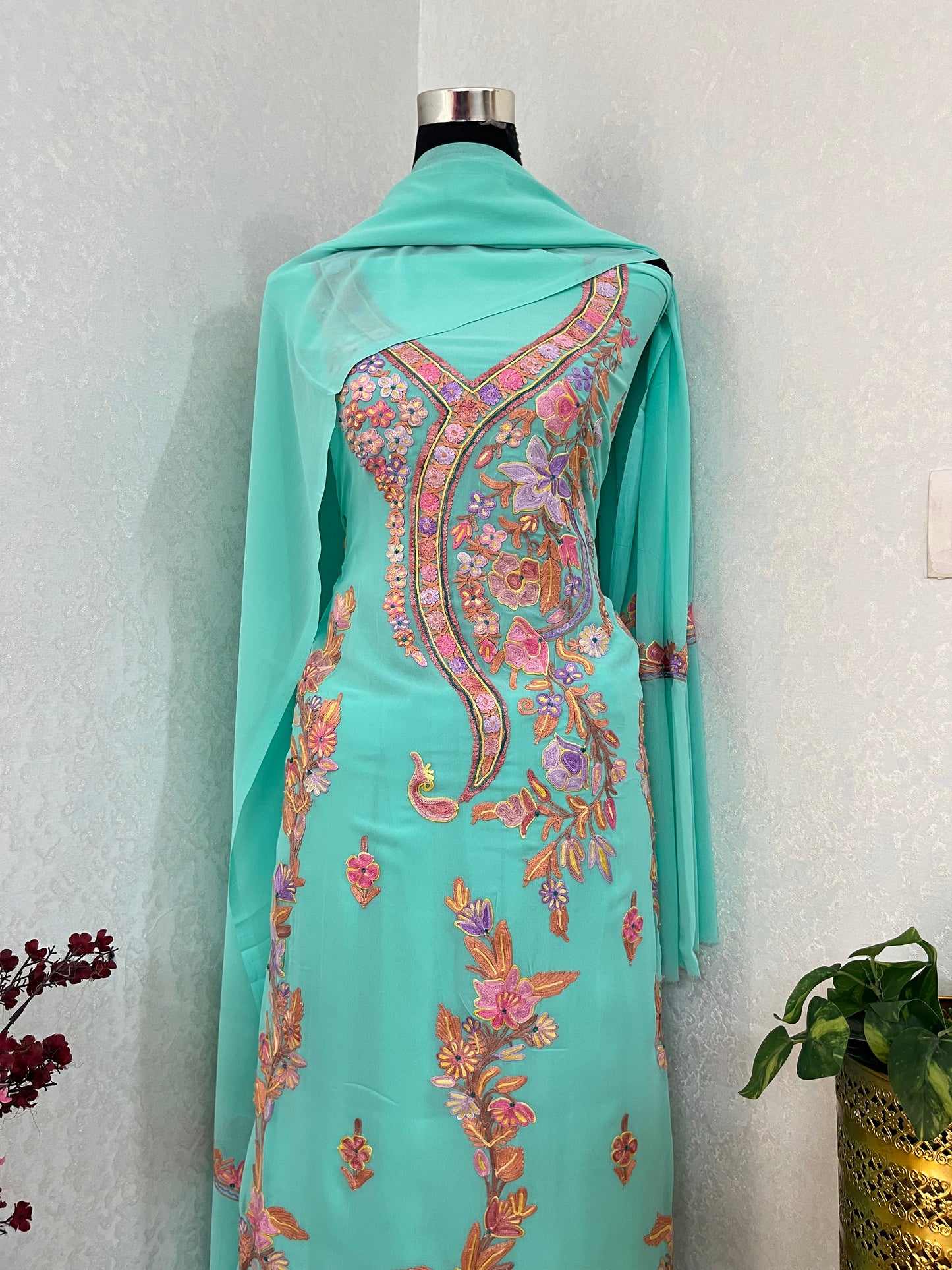 Sky Green Georgette 3 Pc Aari Embroidered Suit