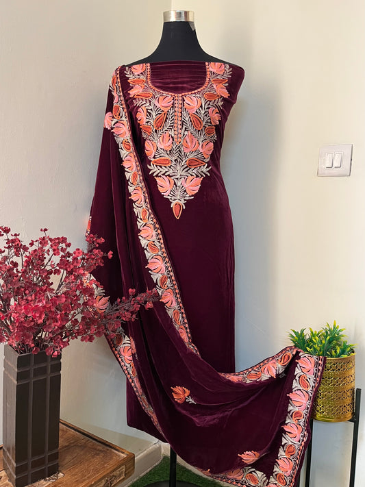 Wine Aari Embroidered Velvet 2pc Suit Material