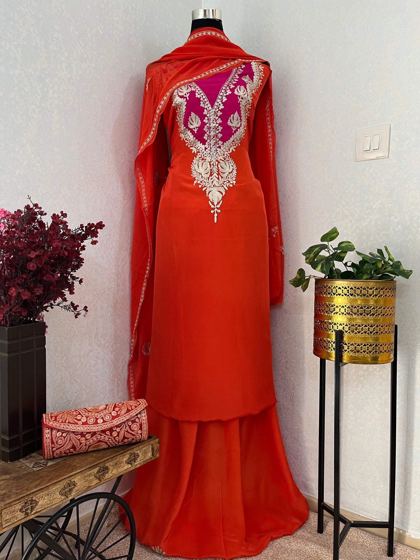 Orange Crape Kashmiri Suit with Clutch