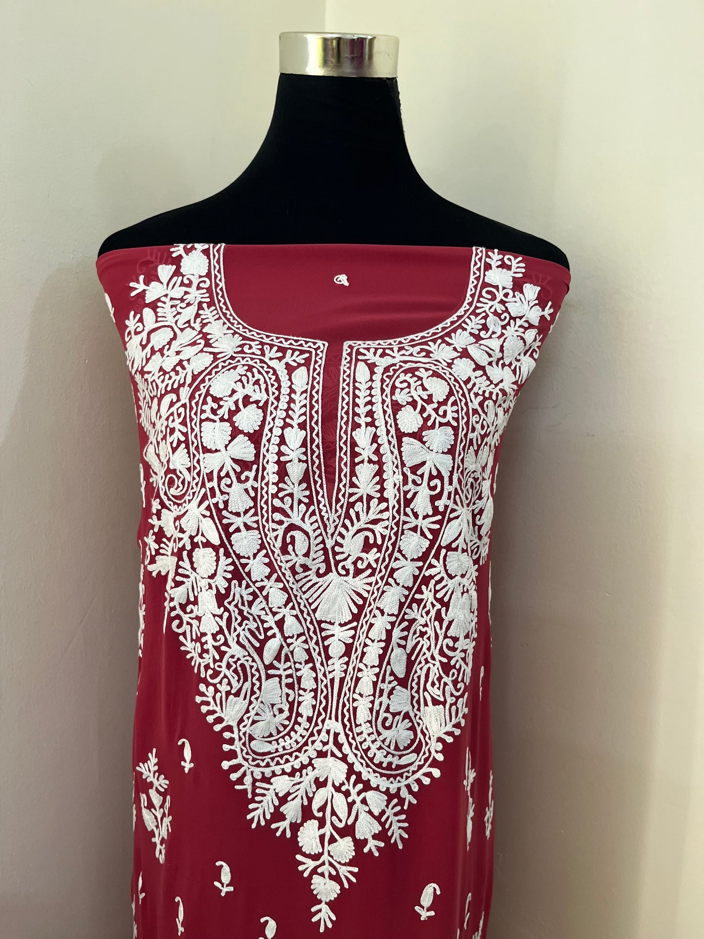 Blush Red Georgette Kashmiri Unstitched Kurta Material