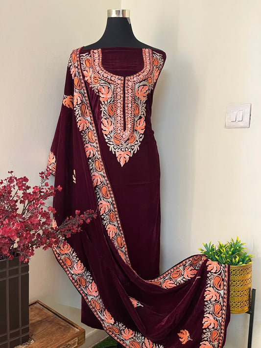 Wine Aari Embroidered Velvet 2pc Suit Material