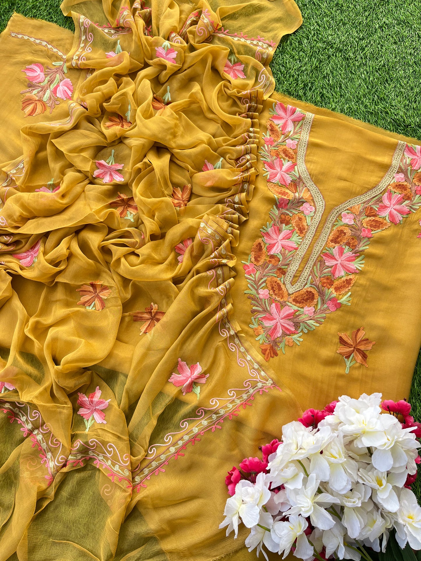 Mustard Opada Silk Aari Embroidered Suit material