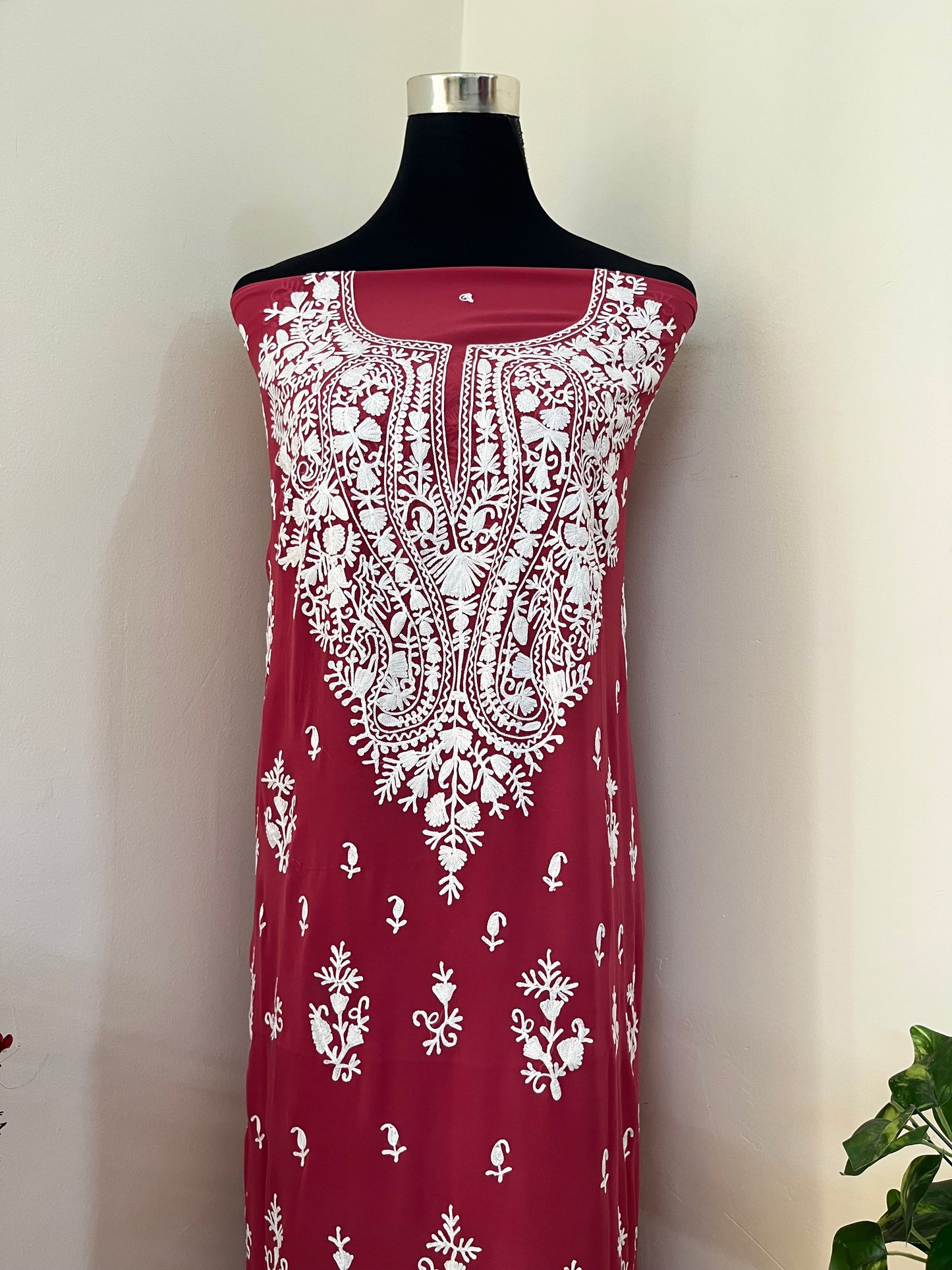 Blush Red Georgette Kashmiri Unstitched Kurta Material
