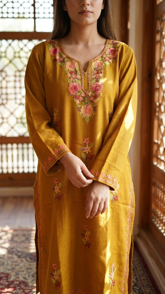 Mustard Woollen Kashmiri Co-Ord Set ( Size 42)