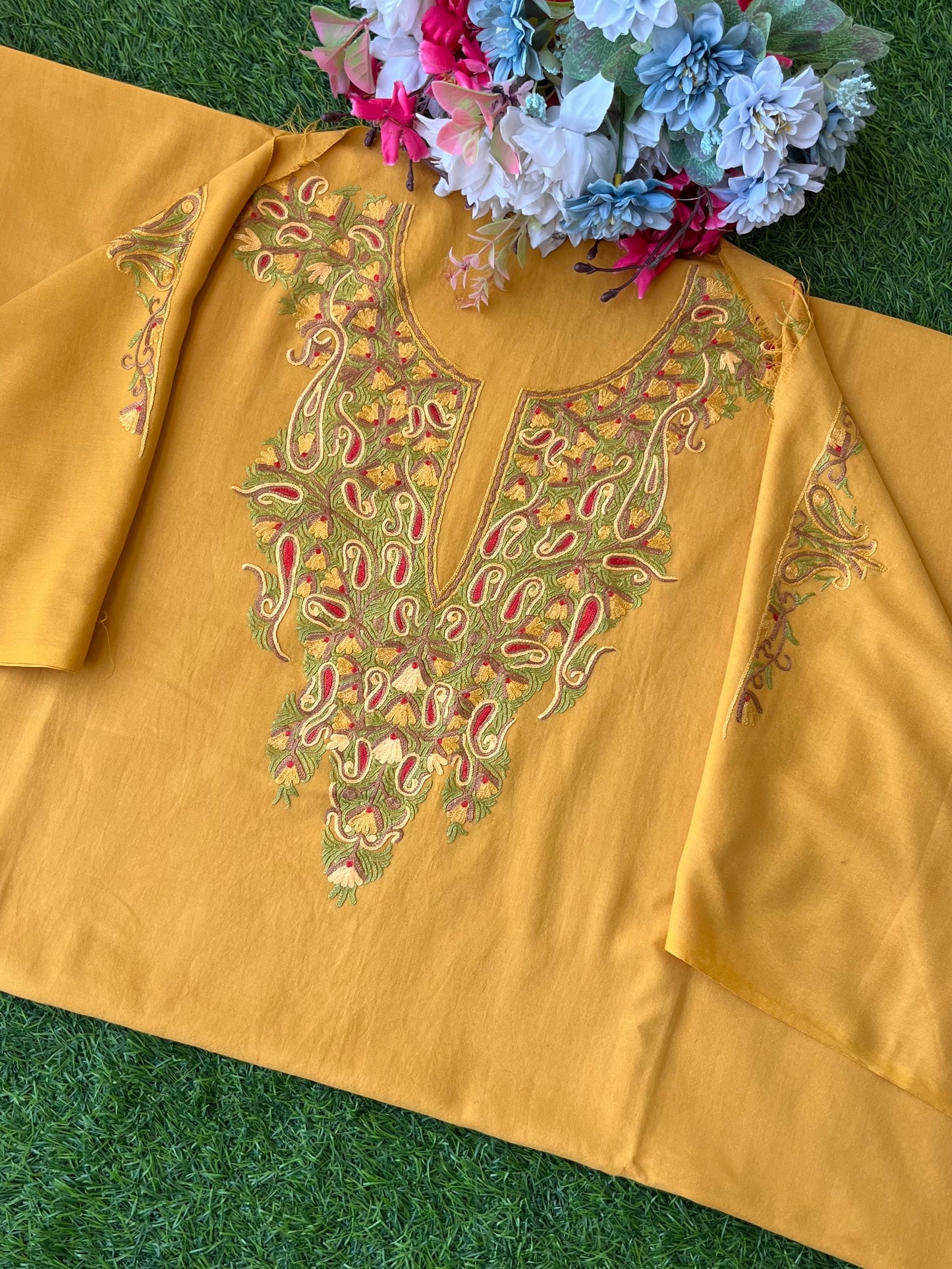 Mud Yellow Cotton Two Piece Suit (Hand Embroidered)