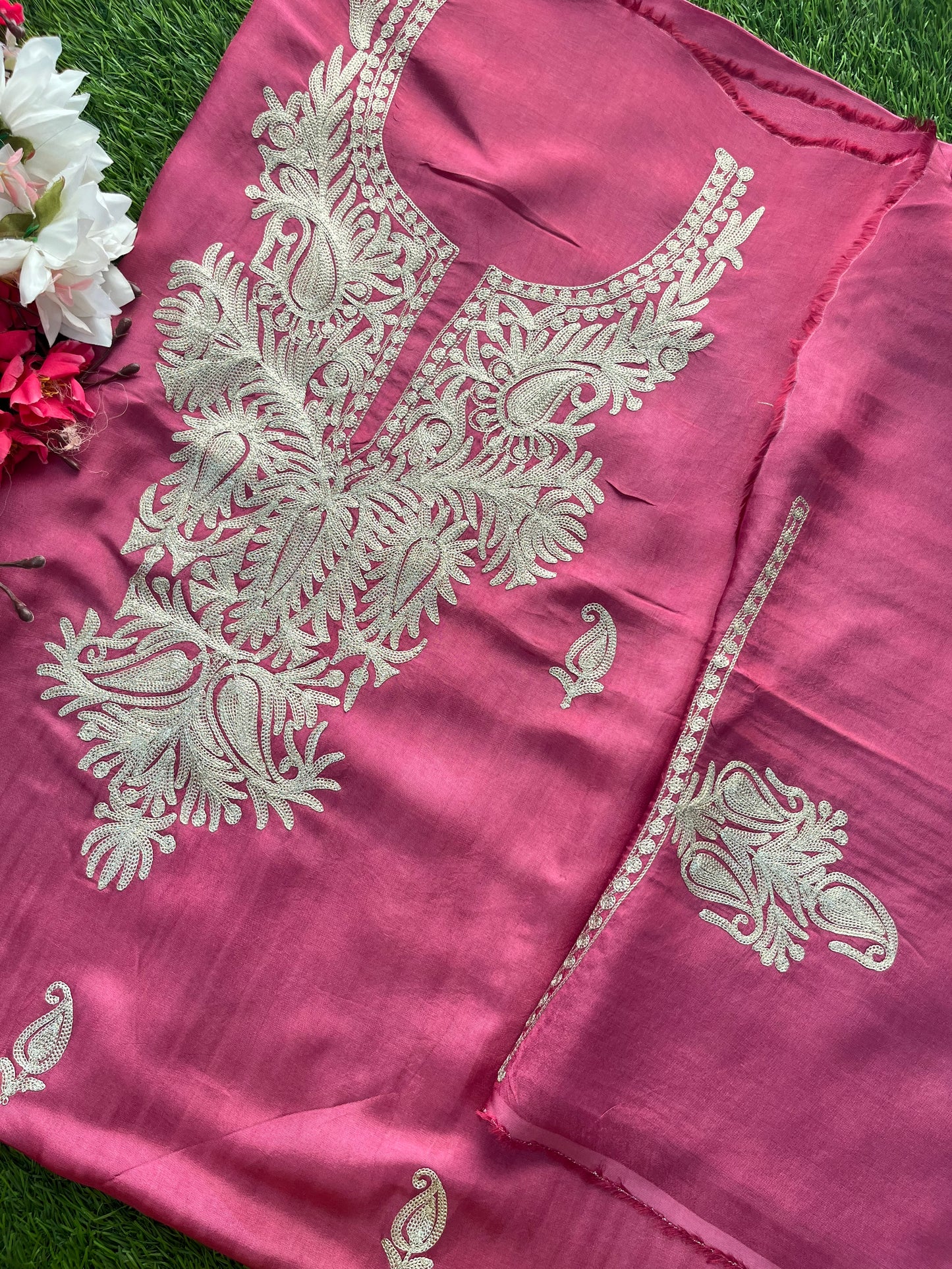 Onion Pink Silk Tilla Kashmiri Suit