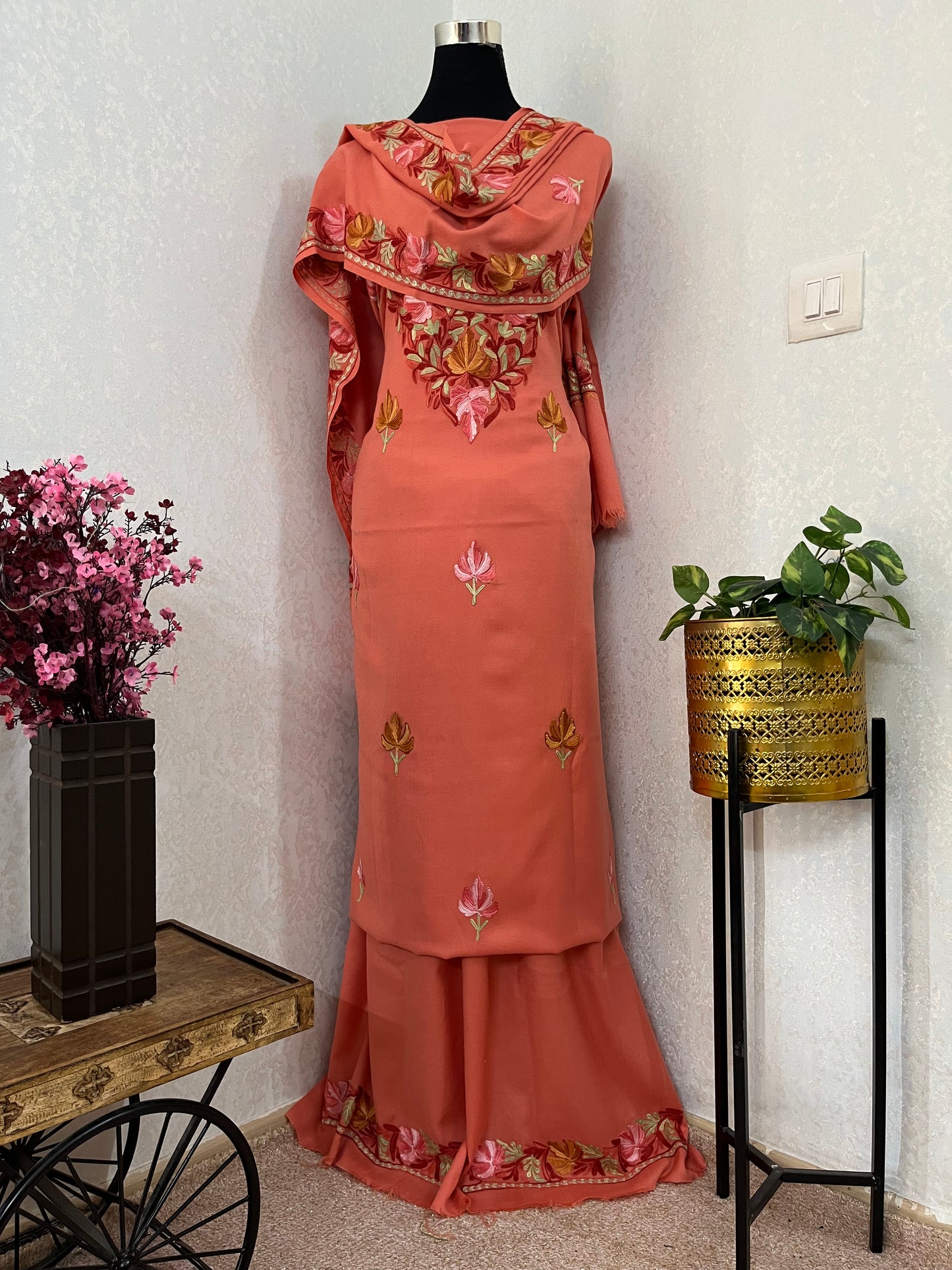 Carrot Pink Pure Wool Aari Embroidered 3pc Suit Stole