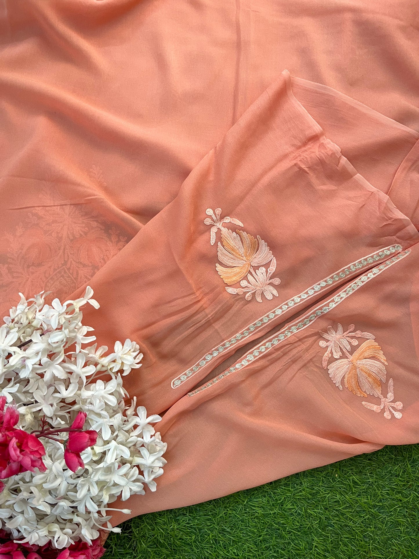 Peach Pure Georgette Kashmiri Suit