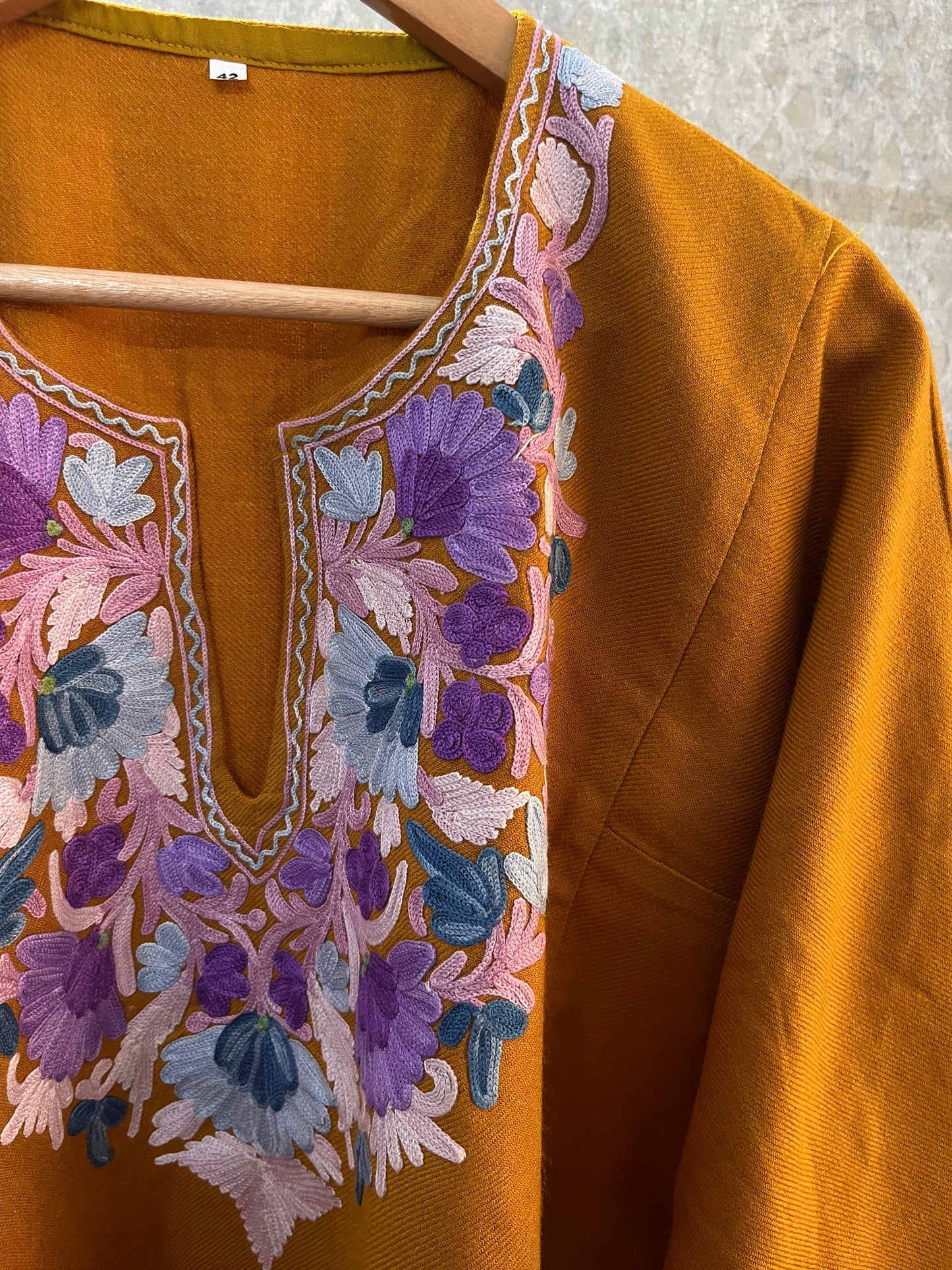 Mustard Aari Embroidered Wool Pheran