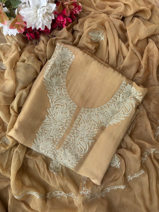 Sanam’ Golden Beige Silk Tilla Kashmiri Suit