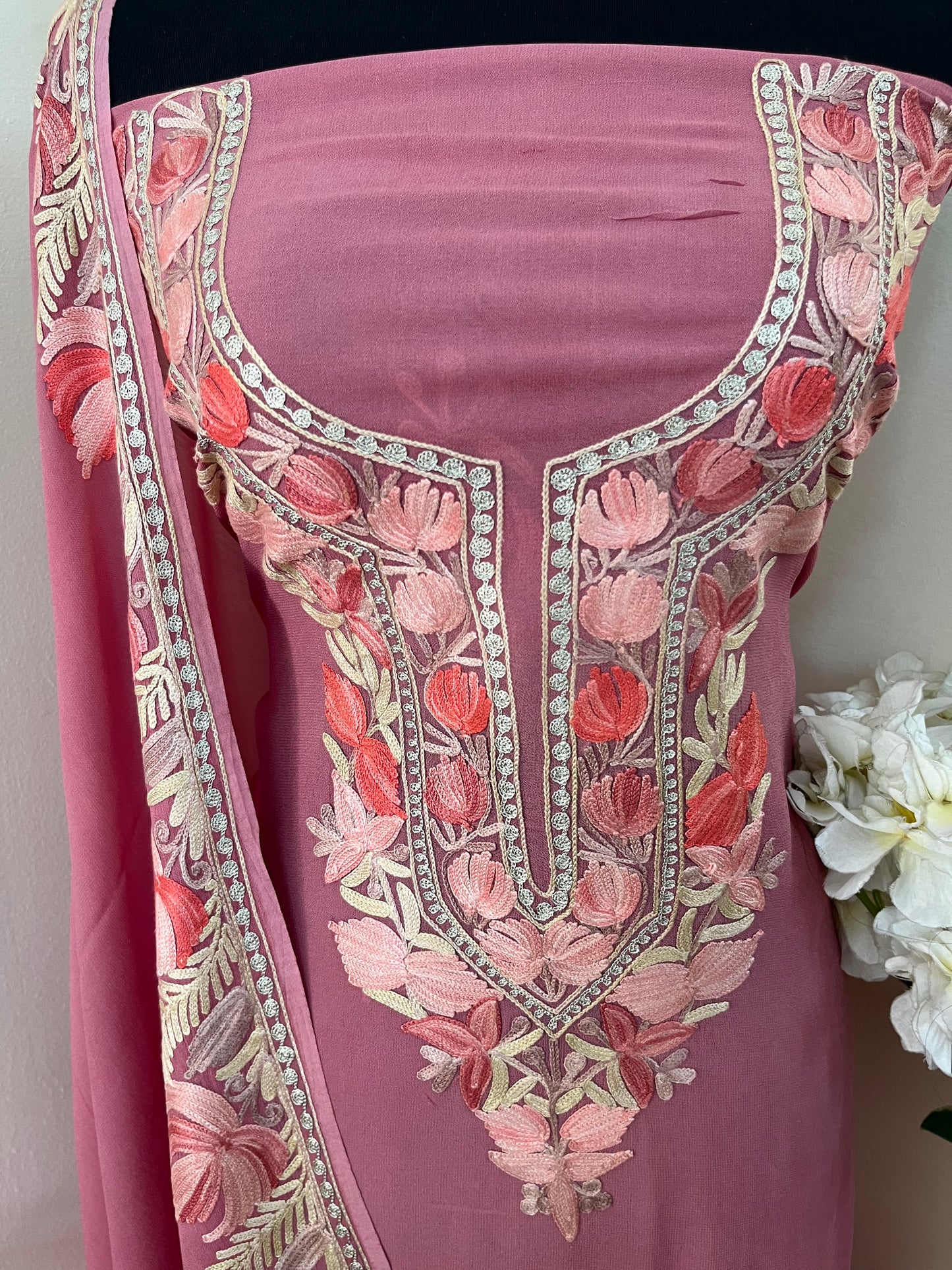 Onion Pink Pure Georgette Kashmiri Suit