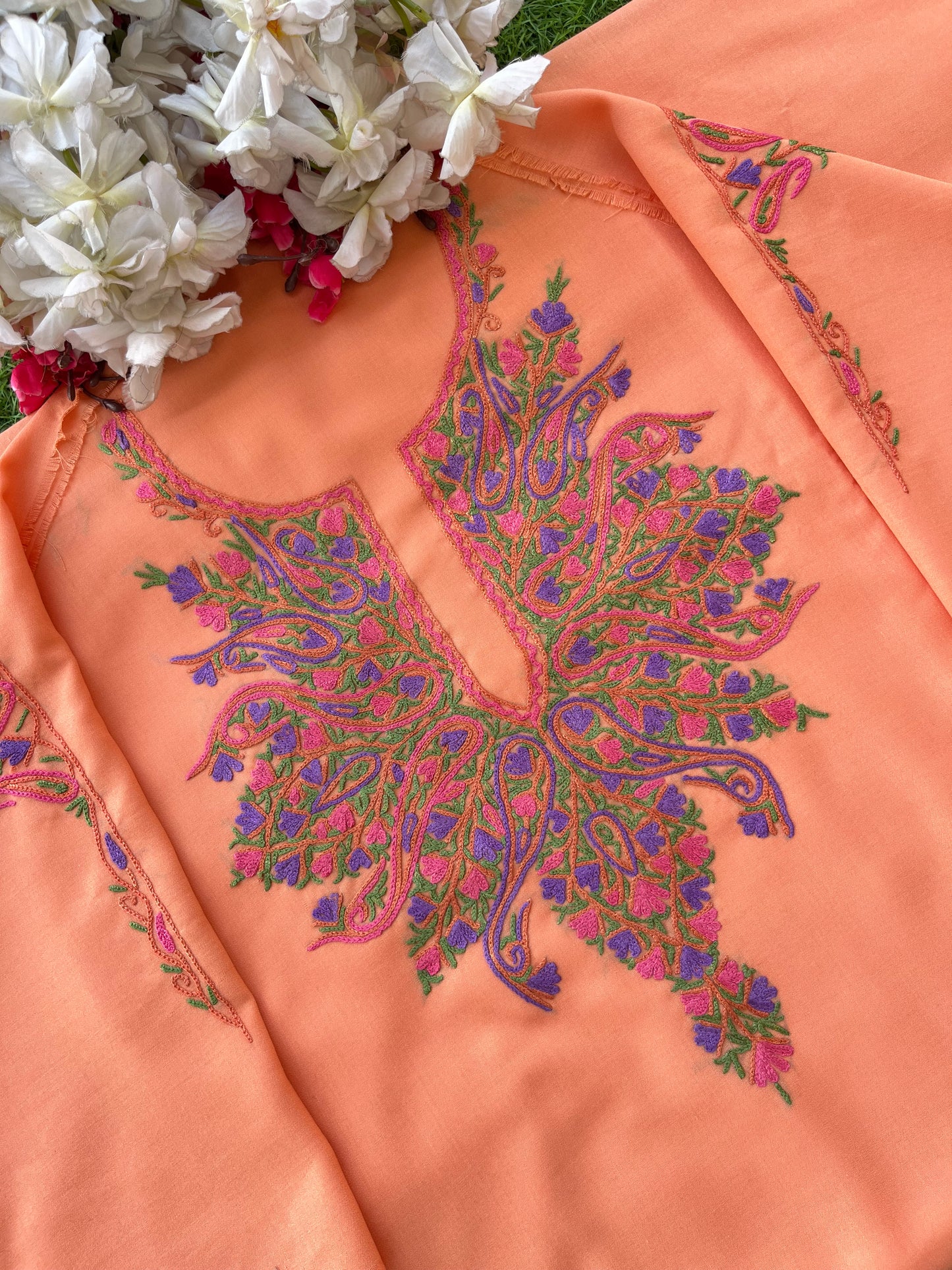 Peach Green Cotton Two Piece Suit(Hand Embroidered)