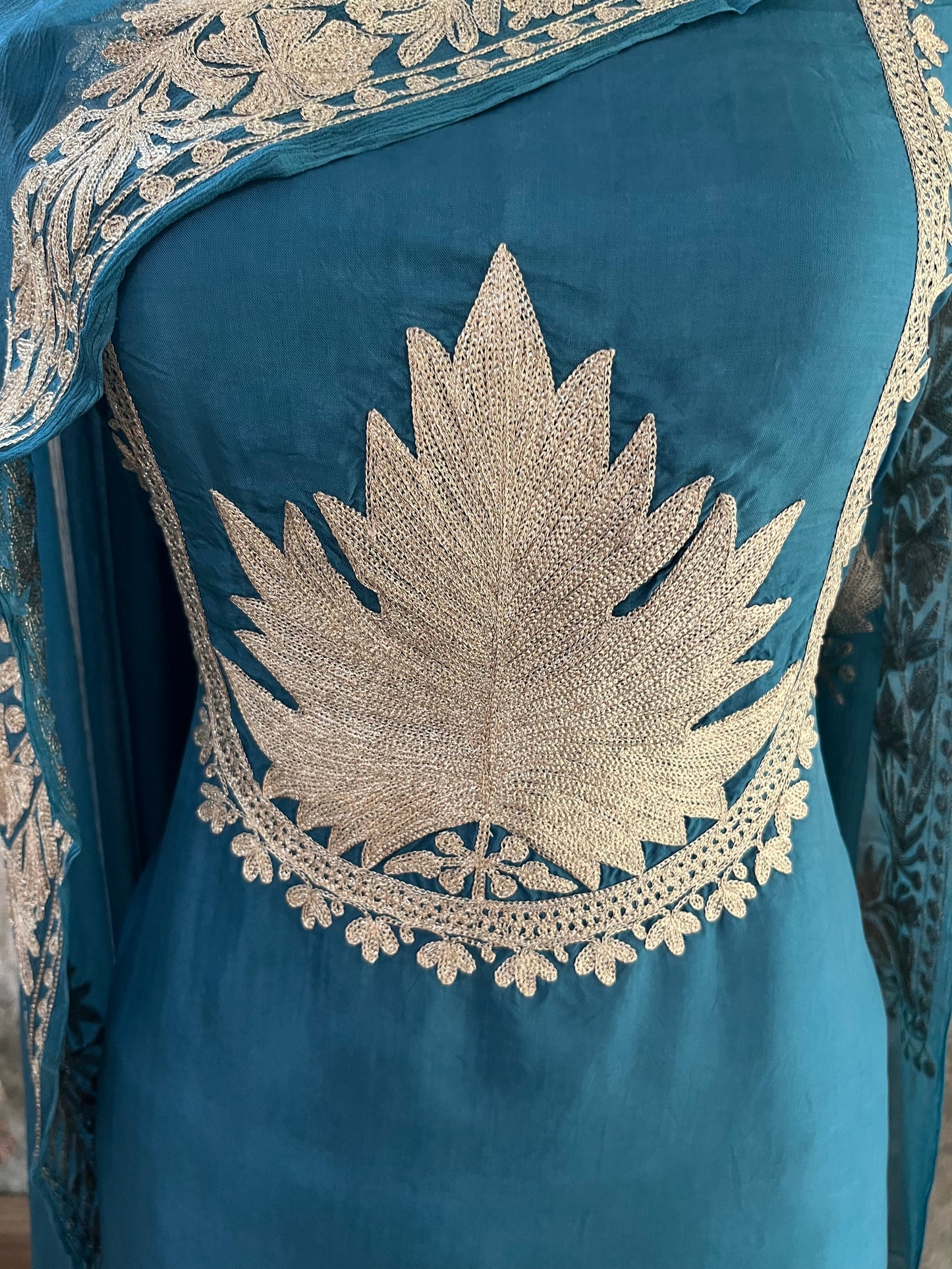 Teal Blue Sanam’ Tilla Kashmiri Silk Suit
