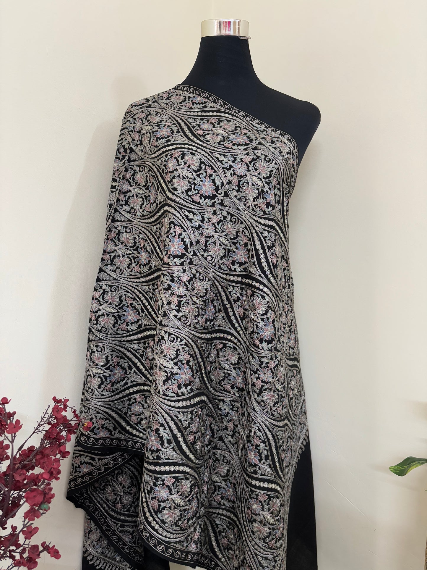 Black Jaal Embroidered Kashmiri stole