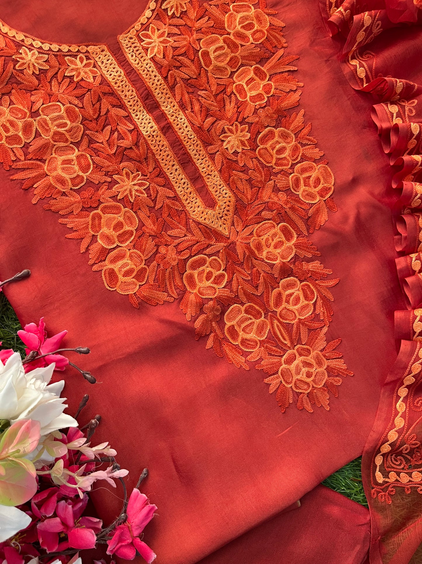 Orange Silk Kashmiri Suit