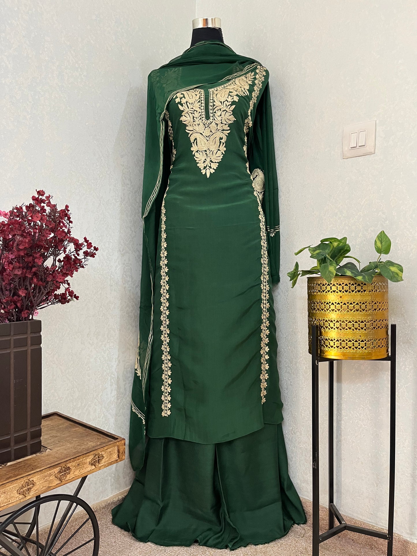 Bottle Green Silk Tilla Kashmiri Suit