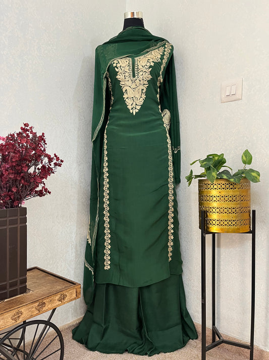 Bottle Green Silk Tilla Kashmiri Suit
