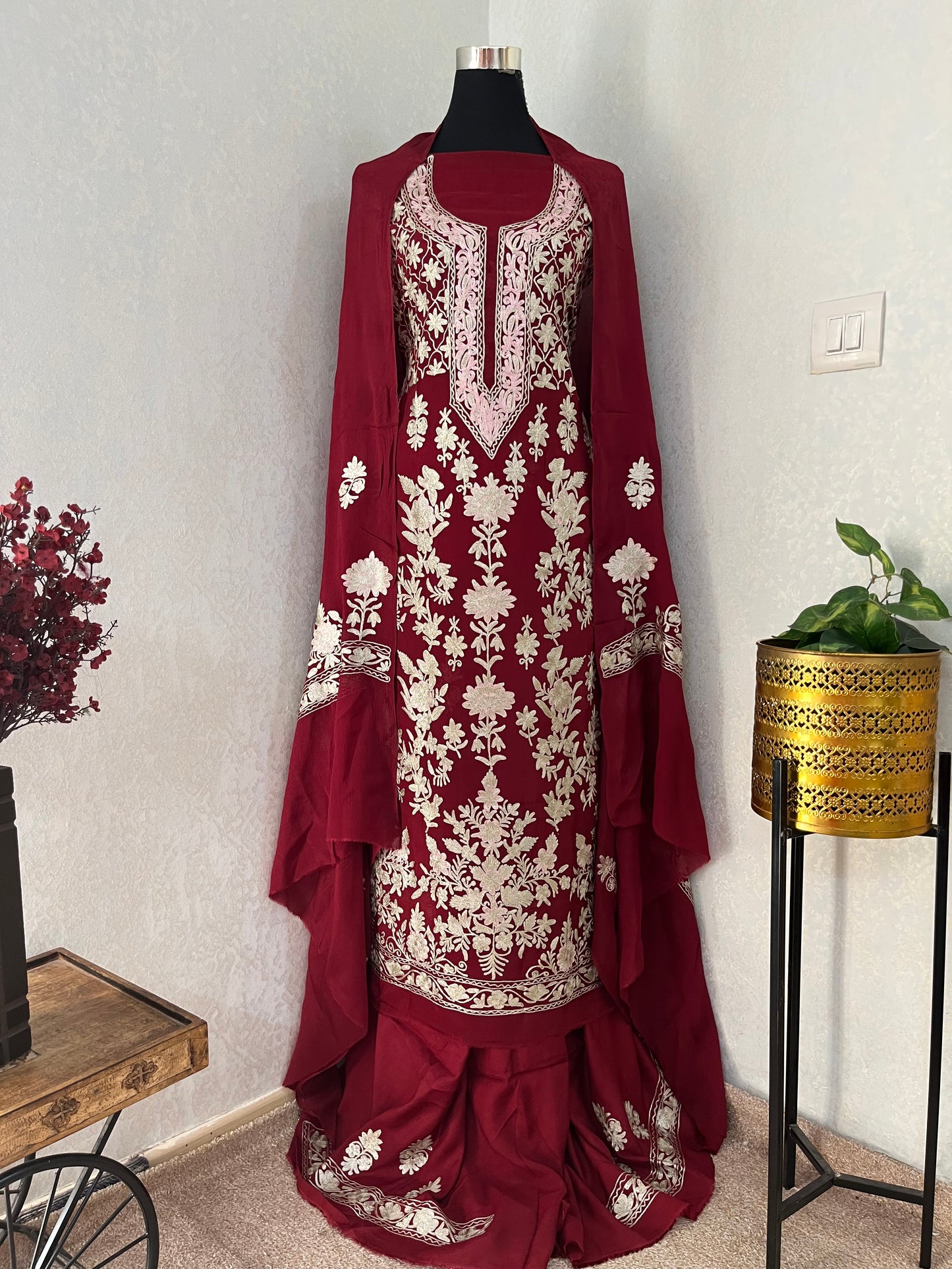 Maroon Pure Soft Organza 3 Pc Heavy Kashmiri Suit