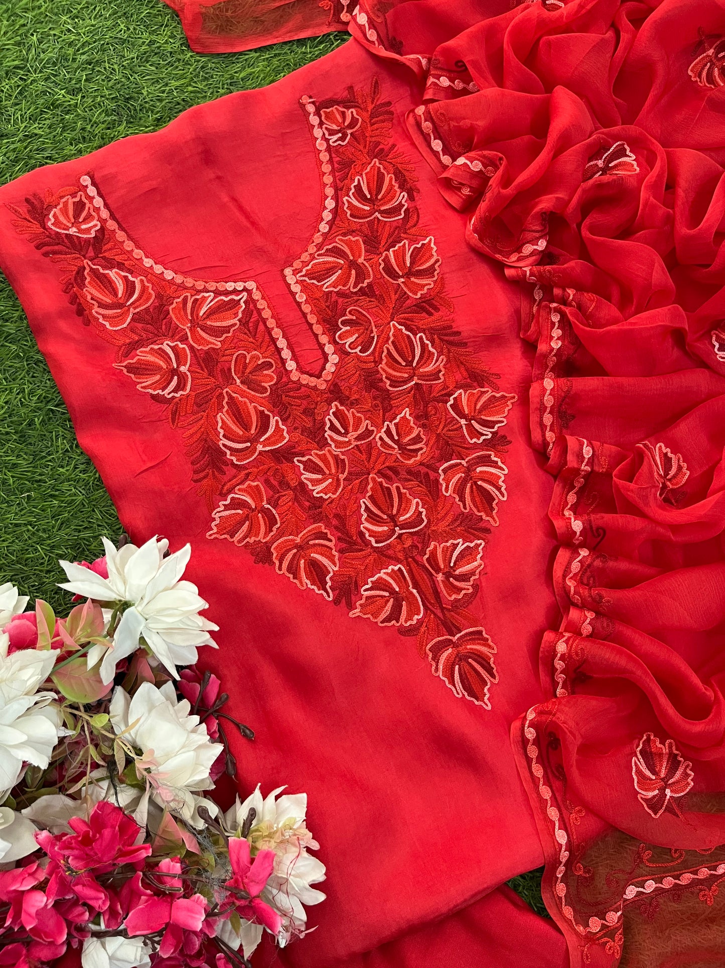Red Opada Silk Kashmiri Suit