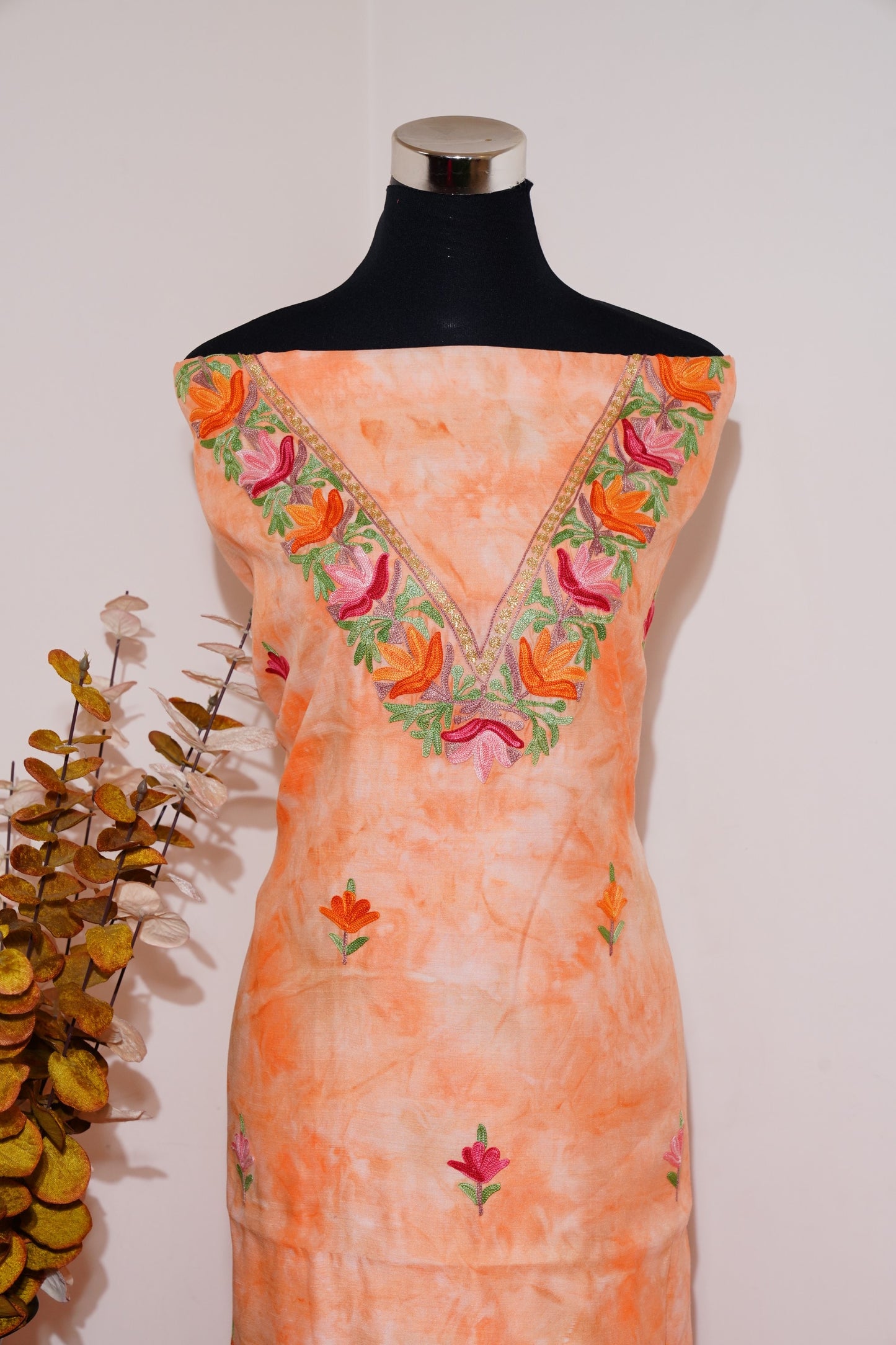 Tangerine Orange Self Work Satin Cotton Unstitched Co-ord Set