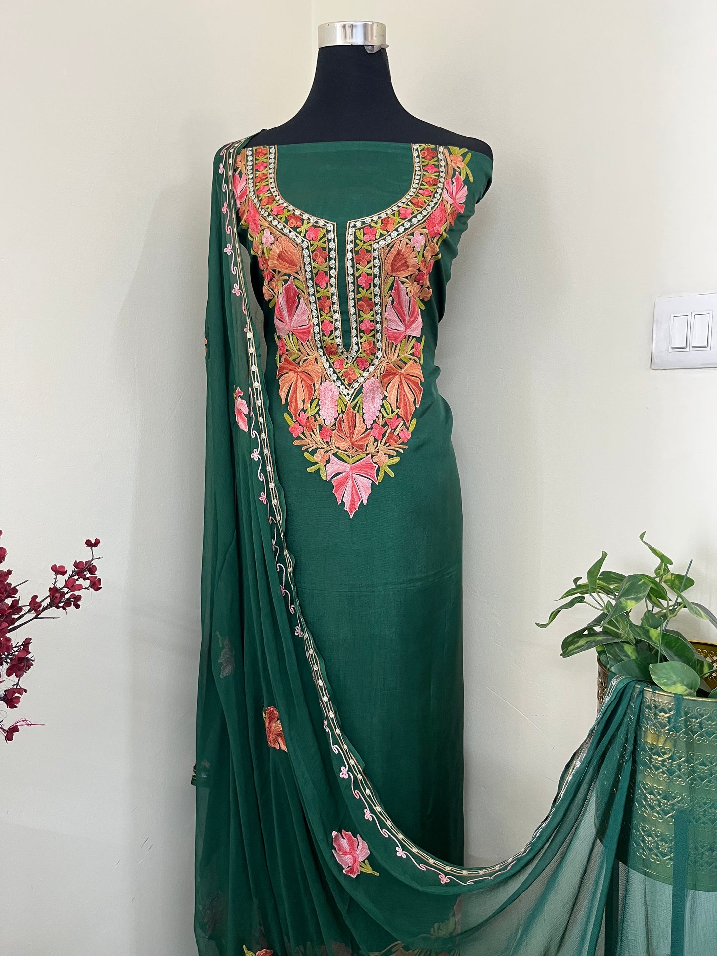 Bottle Green Opada Silk Aari Embroidered Suit material