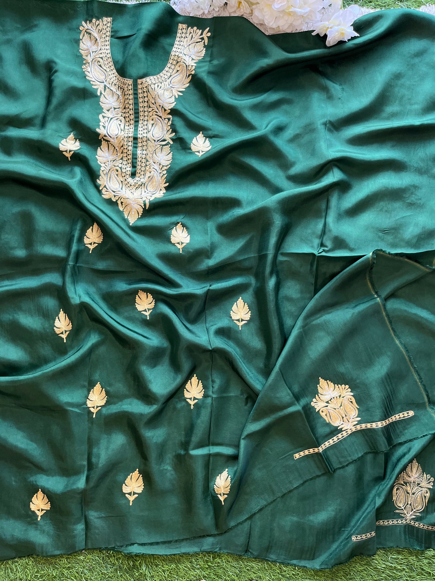 ‘Kalaa’ Forest Green Opada Silk Tilla Embroidered Suit material (on order)