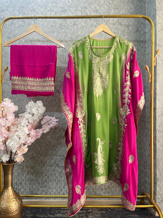 Green Pure Crape Kashmiri Kaftan Set
