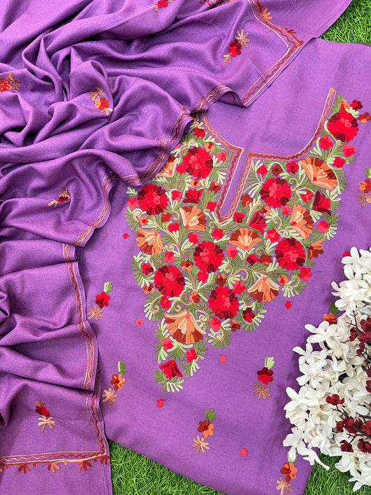 Lavender Woollen Aari Embroidered 3pc suit